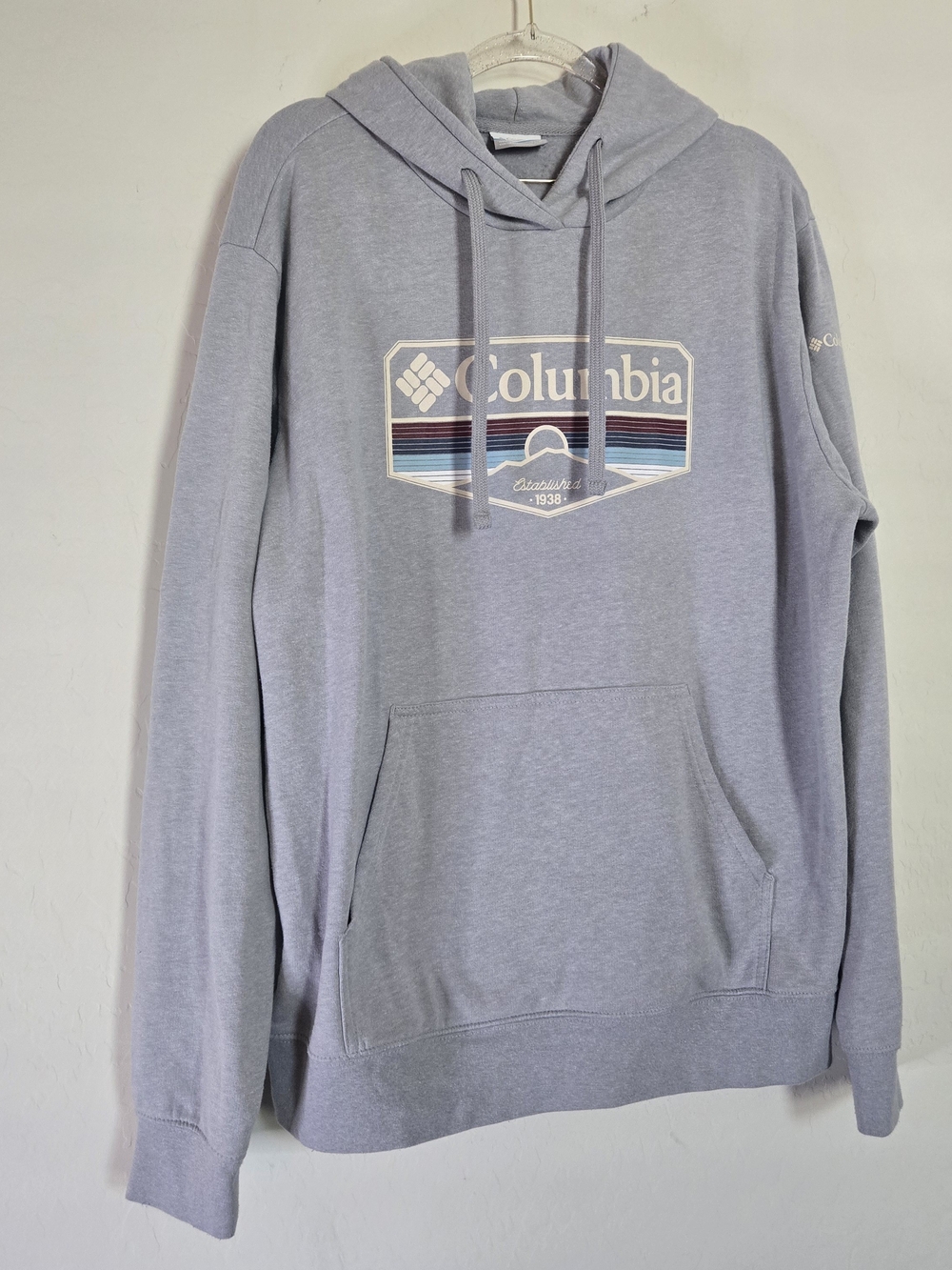 Columbia Mens Large Grey Graphic Hoodie Sweatshirt Established 1938 Mountain